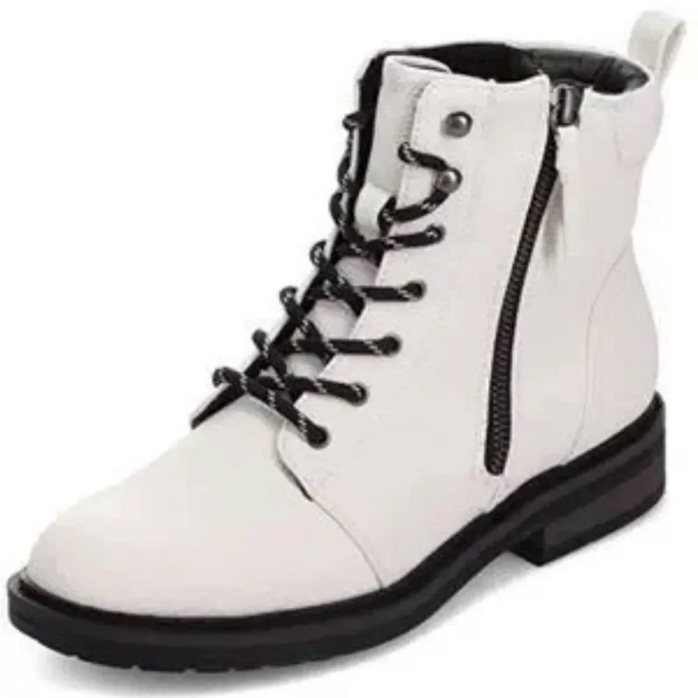 Baretraps AMYSUE White Vegan Leather Lace Up Combat Ankle Boots with Zip Side